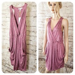 BCBGeneration Draped Pockets Sun Dress Pink Grey Dot Dash Stretch Keyhole Back M