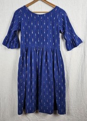 Womens Ikat Blue Cotton Dress Sz S Midi Pleated Ruffled Cuff Sleeves Dyed Yarn