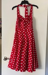 Queen of Holloway Red Polka Dot Halter Swing Dress XS Smocked Rockabilly Costume