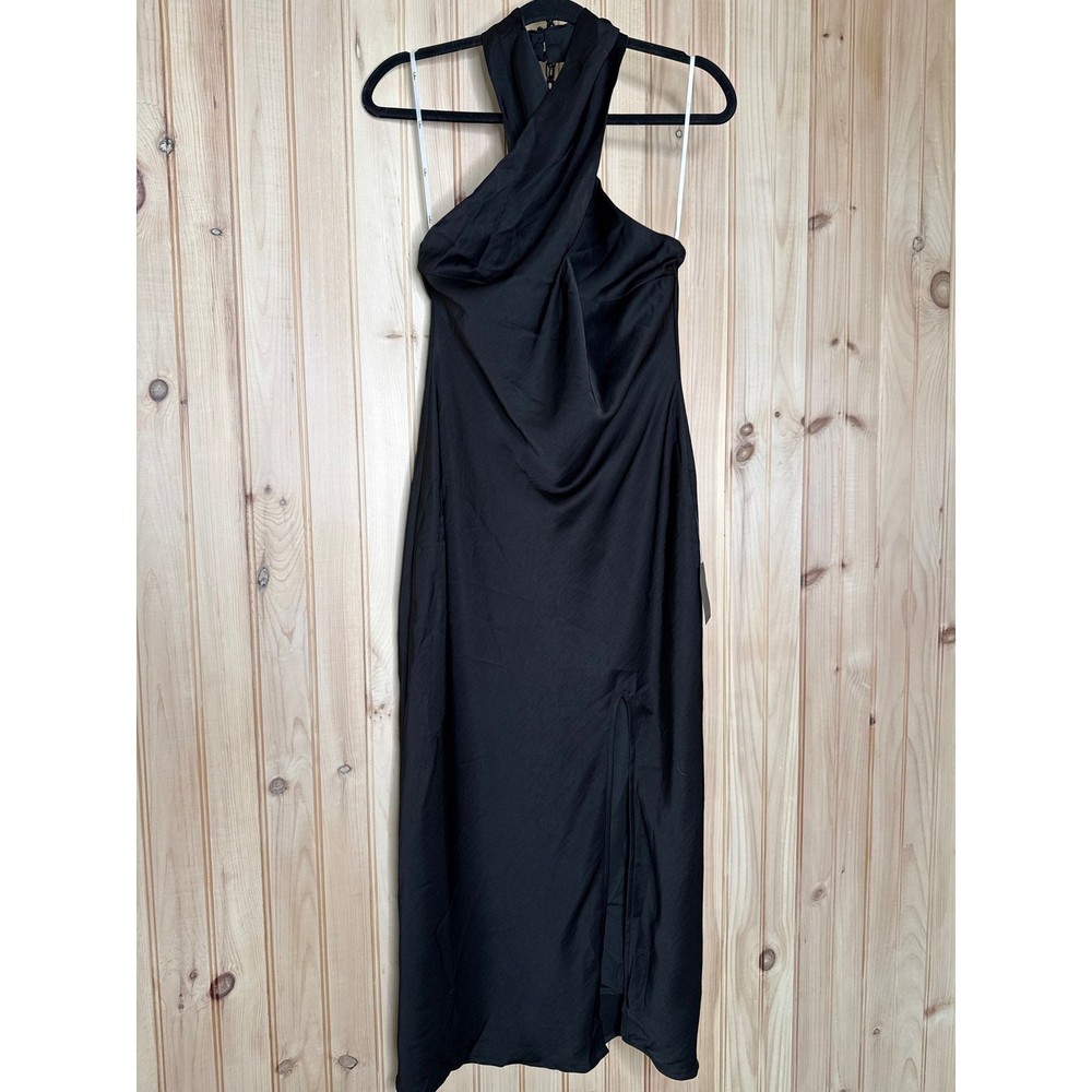 Lulus Beyond Classy Black Satin Halter Midi Dress Party Holiday Wedding Medium
