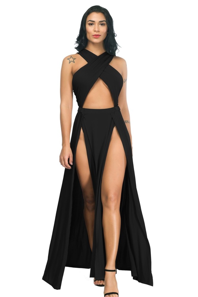 Womens Sexy Dress Halter Cross Hollow Out High Split Clubwear Party Long Dresses