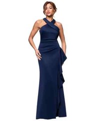 Xscape Midnight Blue Ruffle Crisscross Halter Scuba Crepe Gown Size 16 $258