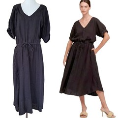 VELVET Graham & Spencer Black 100% Linen Nanette Puff Sleeve Midi Dress Medium
