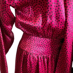 Albert Nipon Vintage Silk Pink Black Polka Dot Bow Tie Midi Shirtdress 2