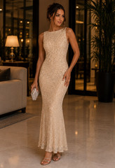 Stenay 8 Champagne Beaded Sequin Mesh Long Sheath Gown Lined Zip D0602