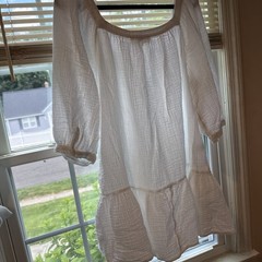 LOFT White Shift Dress Cotton Crinkle Square Neck 3/4 Sleeve Ruffle Hem XL