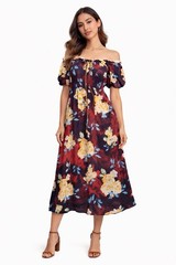143 story by lineup Floral Fit And Flare Smocked Puff Sleeves Med Midi Cottage