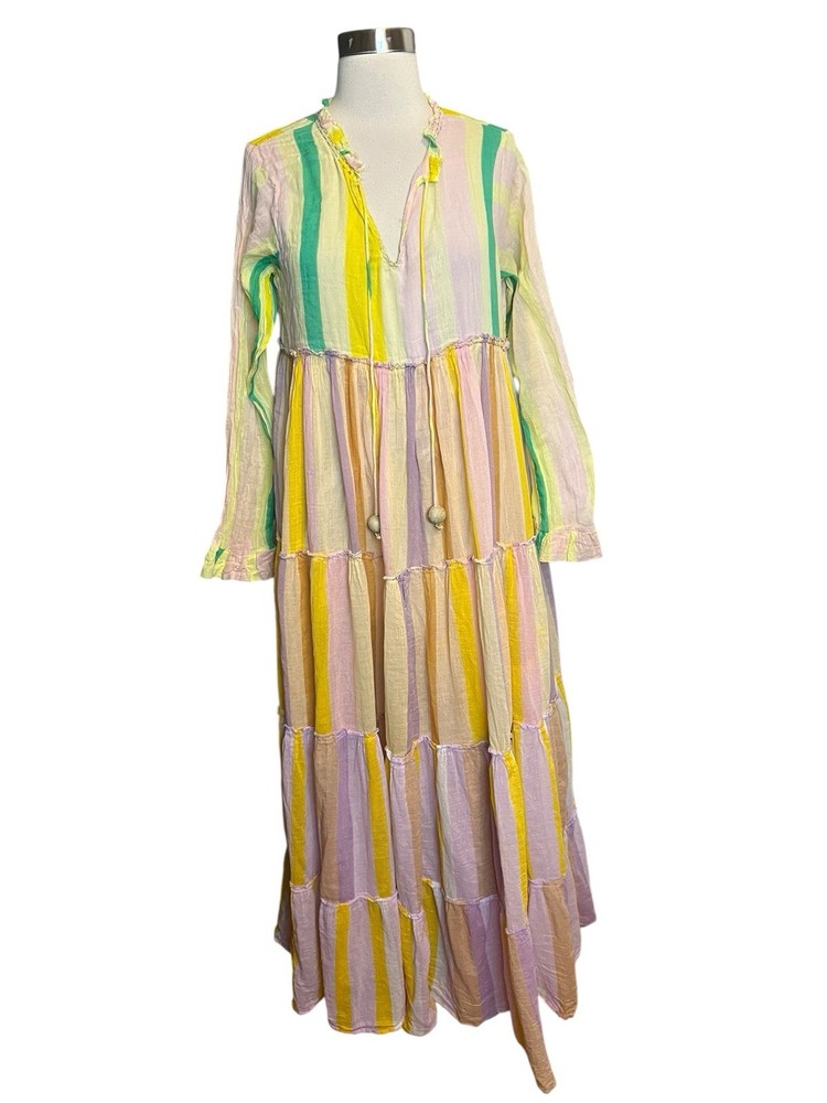 Bianca Paris Maxi Dress One Size TU Multicolor Striped Long Sleeve peasant