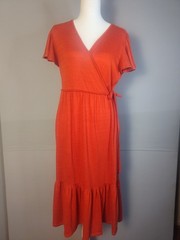 Orange Textured Knit Short Sleeve Wrap Midi Dress with Ruffle Hem Small