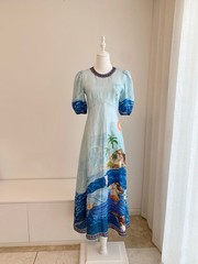 Alemais 2026 Linen Blue Ocean Print Short Sleeve Midi Dress New Summer