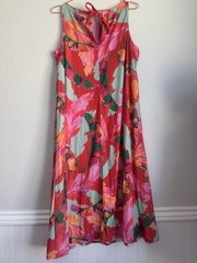 Chico’s Sleeveless Pink Bow Floral Pattern Midi Dress Sz: 1/M Boho Coastal Flowy