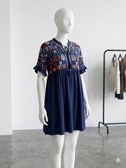 Solitaire Womens S Navy Blue Boho Embroidered Babydoll Mini Dress Tassel Ruffle
