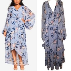 NWT City Chic Plus Size Chiffon Dress L 20. Hi Lo Floral Blue Flowy Maxi