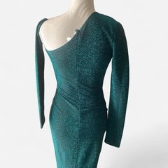 y2k Prom Formal green gown one shoulder glitter maxi dress small Classy