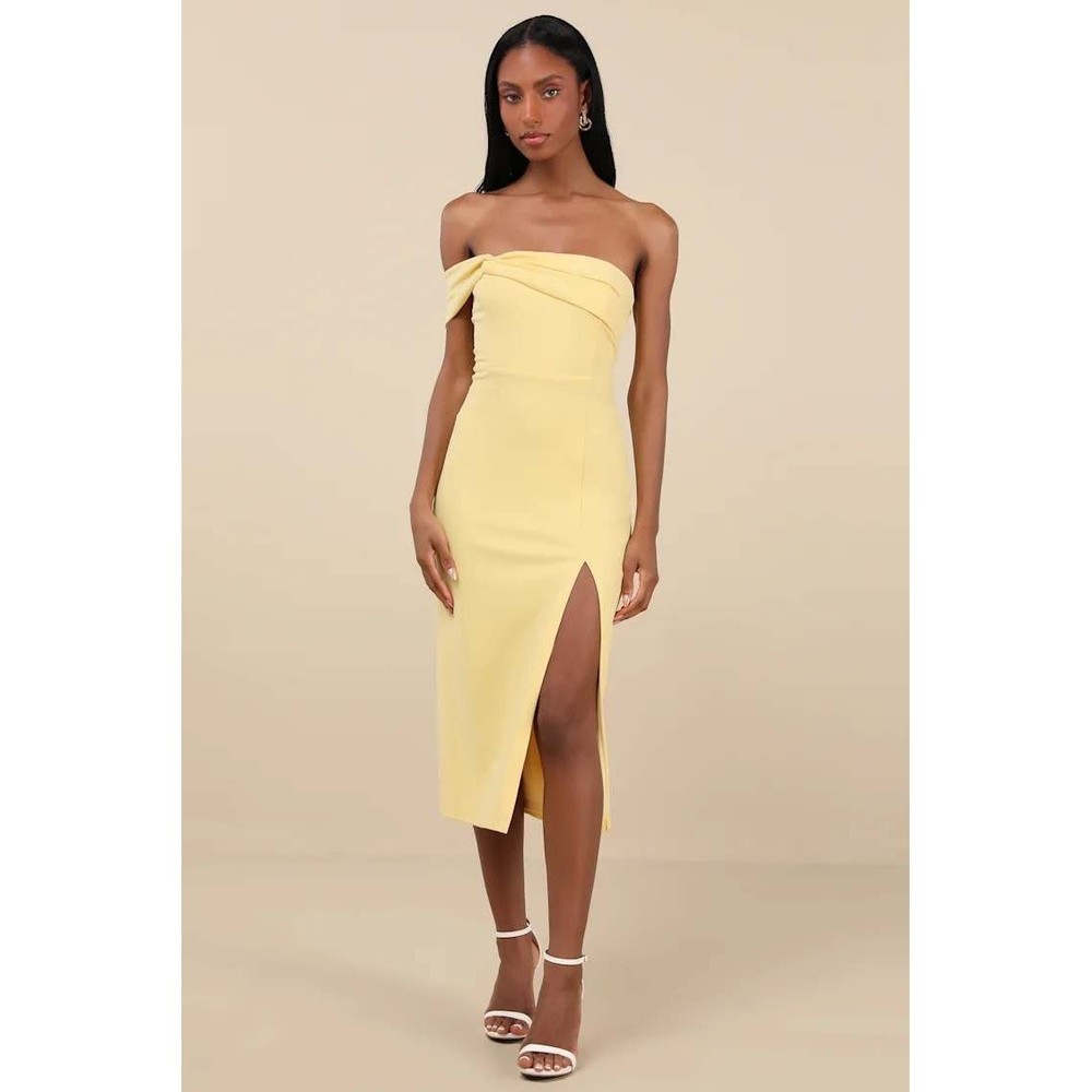 NWT Lulus Twist and Make Up Light Yellow One-Shoulder Bodycon Midi Dress Medium