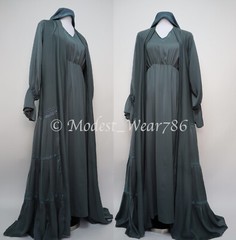 3 Piece Set Open Tiered Abaya and Slip Dress Lightweight Muslim Dress Deep Teal