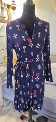 Boden Navy Blue Medal Print Shirt Dress Long Sleeve Tie Waist Viscose Sz US 8 R