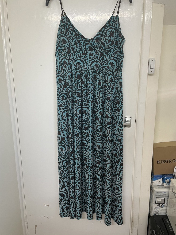 American Living Size 14 Maxi Dress / Blue And Brown Print Strap Sleeve
