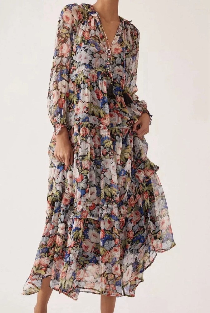 Anthropologie The Marais Printed Chiffon Maxi Dress Size M Petite Sheer
