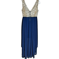 Sequin Sheer Hi Low Midi Dress Size M Gold Blue Sleeveless Fairy Party Event