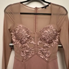 Mauve Mesh Appliqué Sheer Long Sleeve Bodycon Mini Dress Square Neck Party