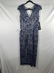 NEW $268 JS Collections [ 4 ] Daniela Bow Tea Length Dress Navy Blue/Blush Q1050