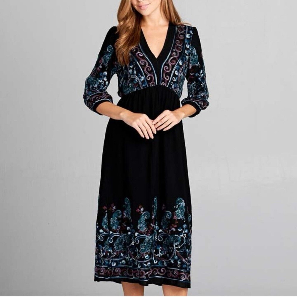 Embroidered ReneeC Black Multicolor Print Boho Maxi Dress Bohemian Peasant Lined