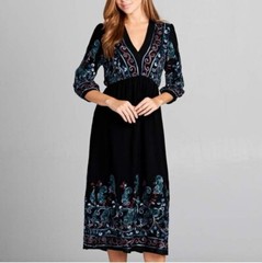Embroidered ReneeC Black Multicolor Print Boho Maxi Dress Bohemian Peasant Lined