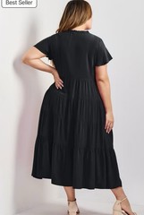 Avenue Black Solid Tiered V-Neck Flutter Short Sleeve Midi Dress Pockets 26/28