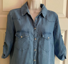 KUT from the Kloth Chambray Dress Blue 3/4 Roll Tab Sleeve Snap Front Size S