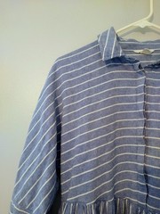 Calson Oversized Dress XS Blue Wht Stripe Pockets 3/4 Sleeve Linen Rayon Beachy