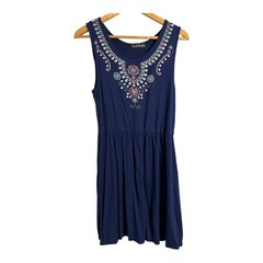 French Atmosphere Navy Blue Embroidered Casual Dress Tank Comfy Everyday