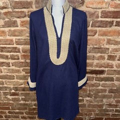 Sail to Sable Navy Blue linen Gold Embroidered Collar Cuff Tunic Dress Sz L EUC