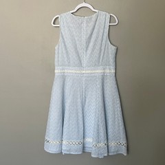Calvin Klein Women 12 Blue White Seersucker Eyelet Fit Flare Cotton Dress Preppy