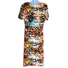 Bacci Floral Abstract Print Ruched Midi Dress Sz L Stretch Retro Chic