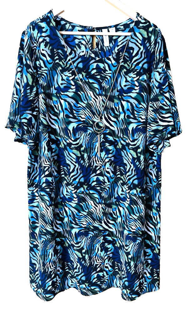 TACERA Dress Womens 2X Blue Zebra Print Shift Sheer Tunic Plus Size w/Necklace