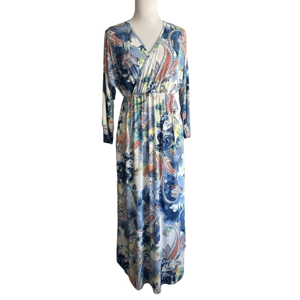 White Birch Maxi Dress Womens Small Blue Ivory Coral Watercolor Long Sleeve