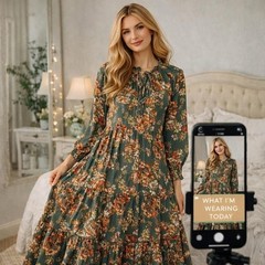 Umgee Floral Dress, Long Sleeve Maxi, Green And Orange Small