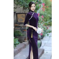 Young Lady Improved Cheongsam Split Shining Dress Long Velvet Qipao ChineseStyle