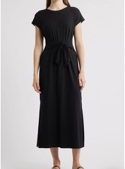 Eileen Fisher Black Tie Waist Jersey Crew Neck Maxi Dress Size XL NWT $198