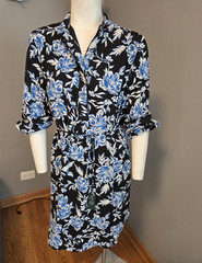 Lauren Ralph Lauren Black Blue White Floral Shirt Dress Button Front Belted 4 S