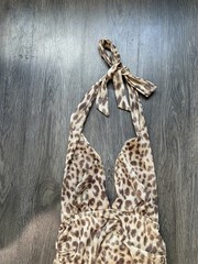 Women&rsquo;s Leopard Print Halter Backless Ruffle Mini Dress Beige Brown Size S
