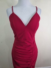 Emerald Sundae Red Spaghetti Strap Long Maxi Formal Gown Ruching Slit Medium