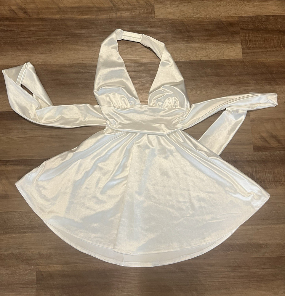 Women’s White Satin Halter Fit & Flare Short Tie Dress Size M bridal bride