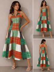 Borgo de Nor Multicolour Patchwork Halter Midi Dress UK 14 2