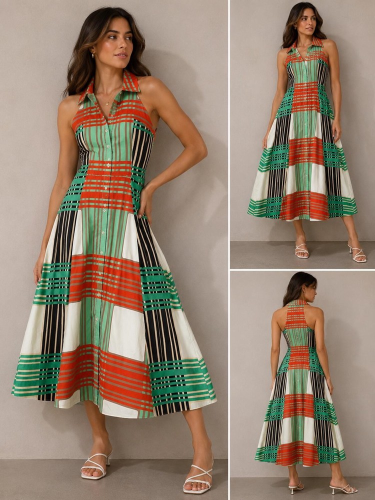 Borgo de Nor Multicolour Patchwork Halter Midi Dress UK 14 2