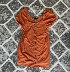 Sanctuary Orange Solid Knit Mini Dress M Short Puff Sleeve Button Front Scoop