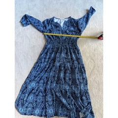 Grace Karin Blue Paisley Damask Smocked Waist Tiered Midi Dress Womens Medium