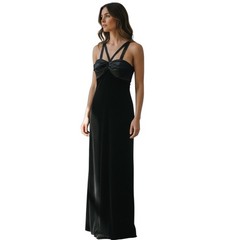JS Boutique Women Evening Gown Long Black Maxi Dress Size US 4 Velvet Formal Y2K