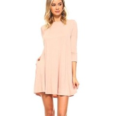 YELETE Large Elbow Sleeve Jersey Stretch Knit Pockets Trapeze Tunic Mini Dress